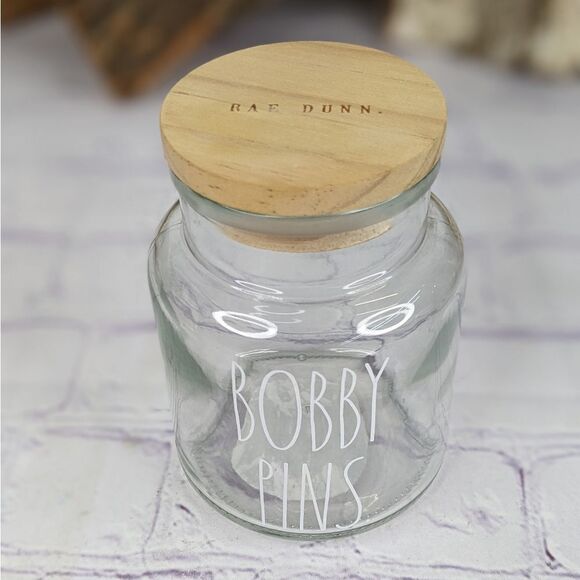 Rae Dunn BOBBY PINS Glass Jar Storage Container with Wooden Lid - Picture 2 of 6